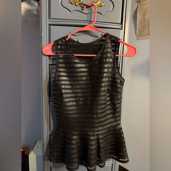 NWOT PARKER BLACK LEATHER MESH STRIPED PEPLUM TOP XS - Picture 3 of 6